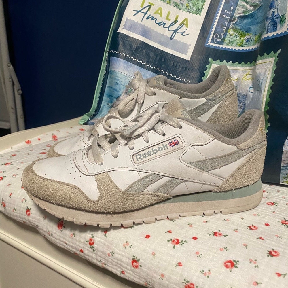 Reebok White, Gray, and Turquoise Casual Sneakers